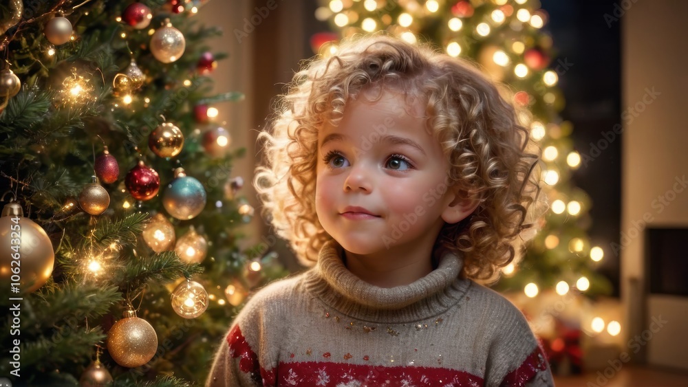 Curly-Haired Child Admiring Decorated Christmas Tree with Festive Ornaments and Lights Curly-Haired Child Admiring Decorated Christmas Tree with Festive Ornaments and Lights