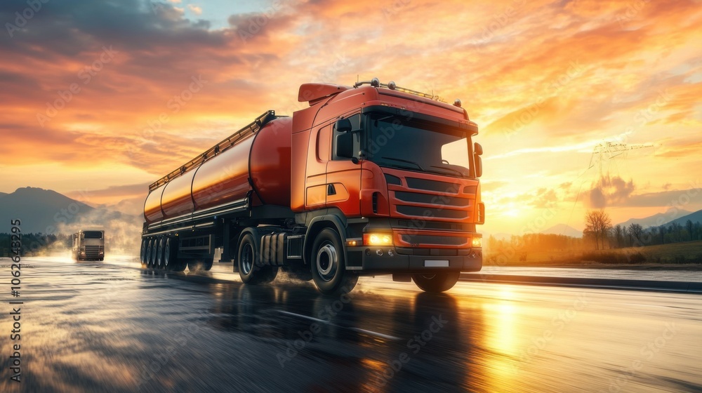 Truck on a road at sunset with motion blur effect. Truck on a road at sunset with motion blur effect.
