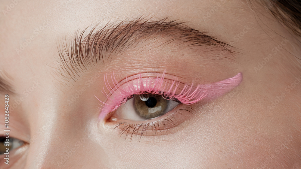 Obraz premium Playful Pink Mascara, Soft Minimalism: A close-up shot of an eye with soft pink mascara, creating a playful yet gentle look