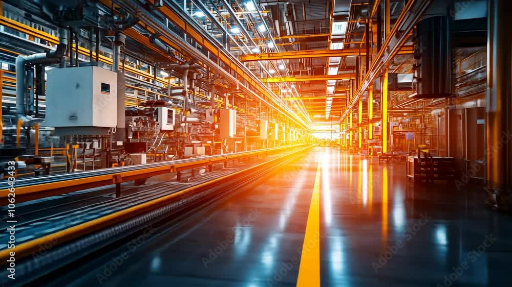 Empty factory floor with conveyor belt and yellow lines, industrial, production, manufacturing, machinery, equipment Empty factory floor with conveyor belt and yellow lines, industrial, production, manufacturing, machinery, equipment