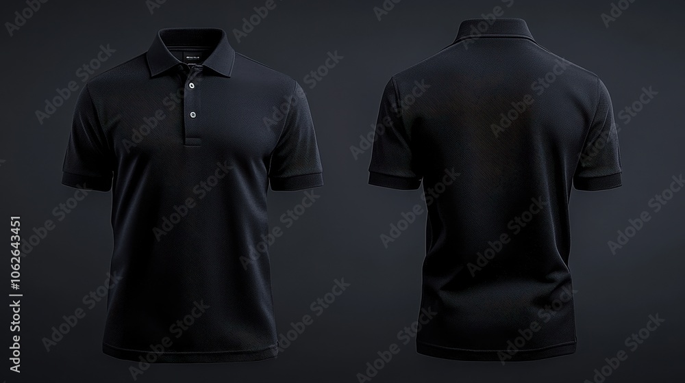 Black polo shirt, front and back view, stylish and versatile, perfect for casual or business wear. Black polo shirt, front and back view, stylish and versatile, perfect for casual or business wear.