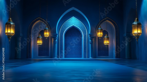 3D rendering of a Ramadan Kareem background with an Islamic arch and lanterns hanging on the wall in a night mosque interior. (