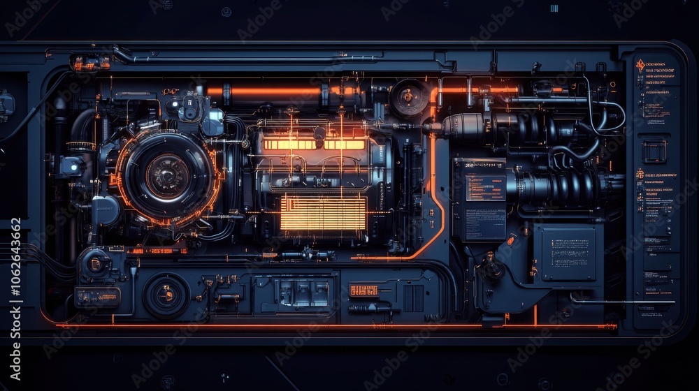 Fototapeta premium Car engine in orange light isolated on black background.