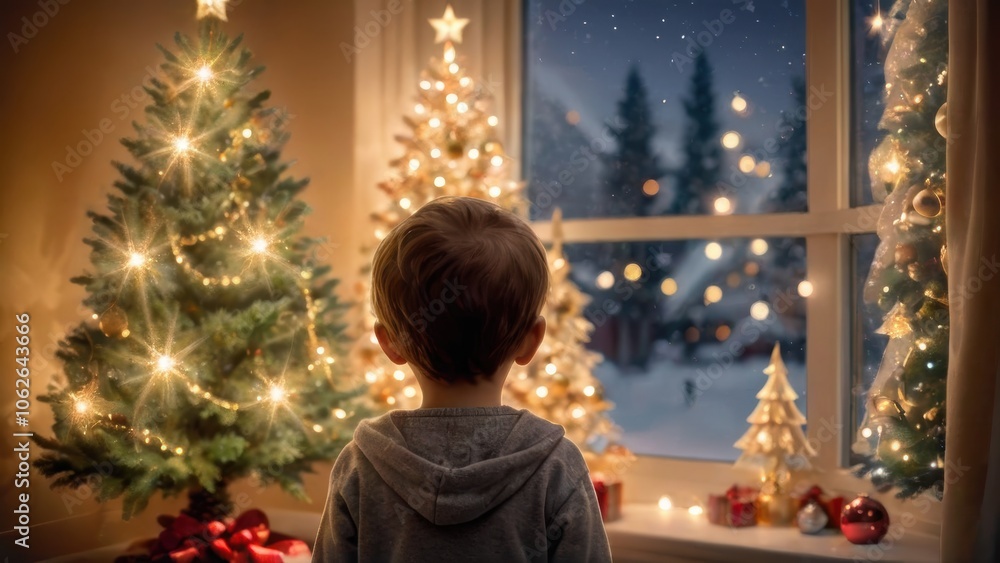 Child Gazing Out Window at Snowy Night Surrounded by Glowing Christmas Trees and Holiday Magic Child Gazing Out Window at Snowy Night Surrounded by Glowing Christmas Trees and Holiday Magic