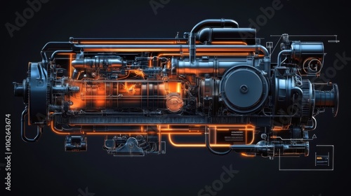 3d rendering of a car engine in a dark room with neon lights.