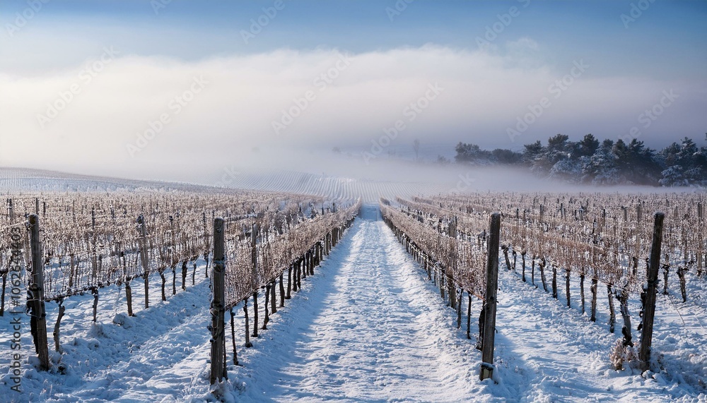 Fototapeta premium Serene Snow-Covered Vineyard Landscape
