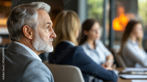 A man with gray hair is sitting in a group of people. The man is looking at the camera with a serious expression. The other people in the group are also looking at the camera