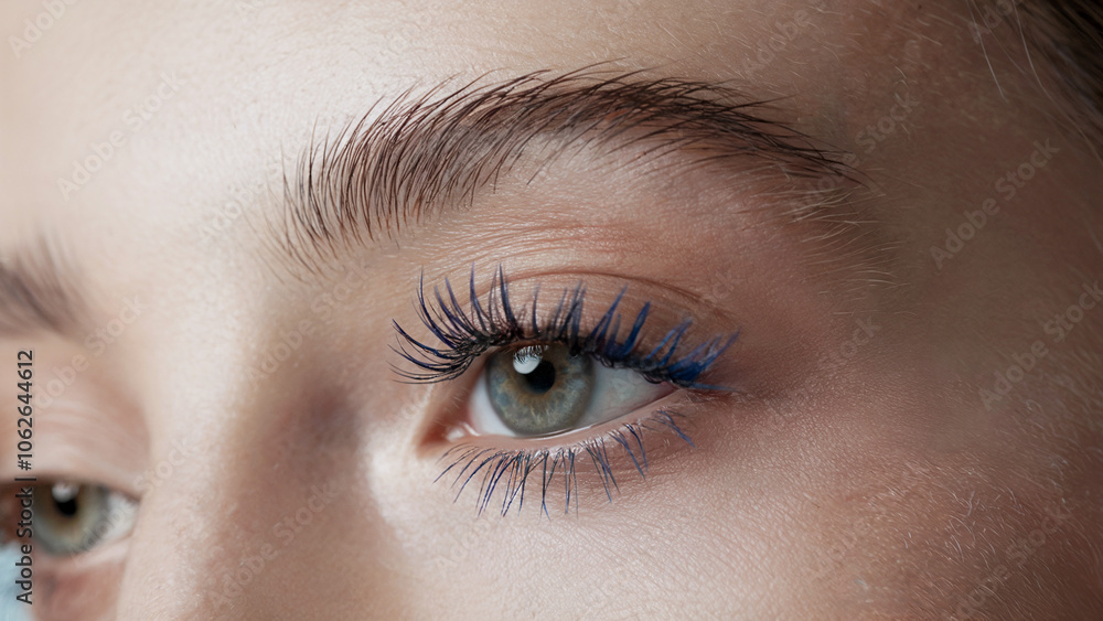 Obraz premium Stylish Minimalism, Blue Mascara: A close-up shot of an eye adorned with vibrant blue mascara on naturally long lashes