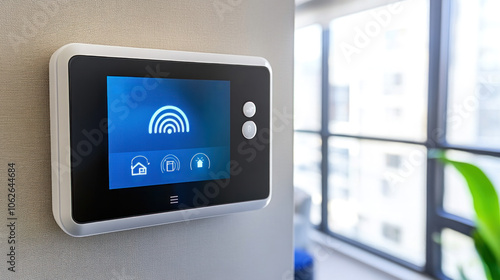 A smart home device with a blue screen that says 