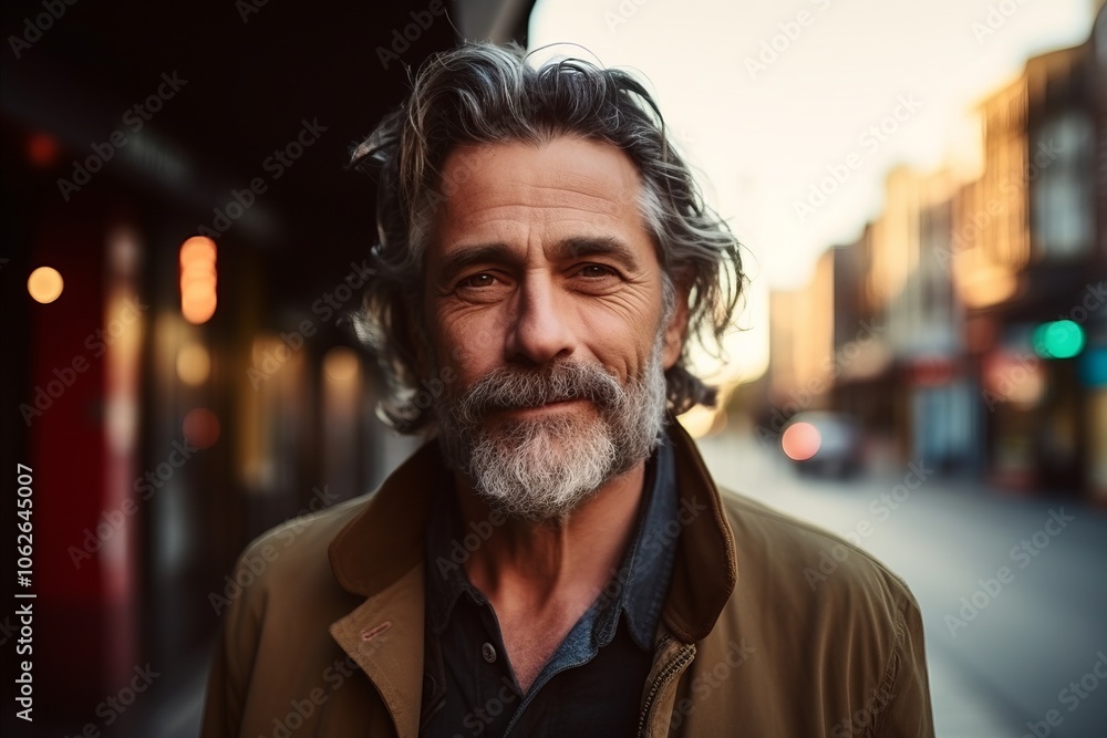 Portrait of a handsome middle-aged man with gray beard and mustache in the city. Portrait of a handsome middle-aged man with gray beard and mustache in the city.