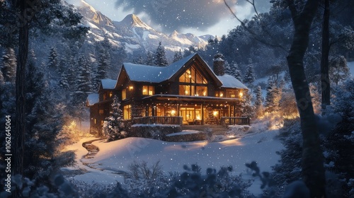 A cozy cabin in the snowy mountains with warm lights glowing through the windows.