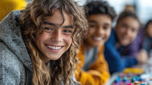 A joyful group of children smiling and engaging in a creative activity.