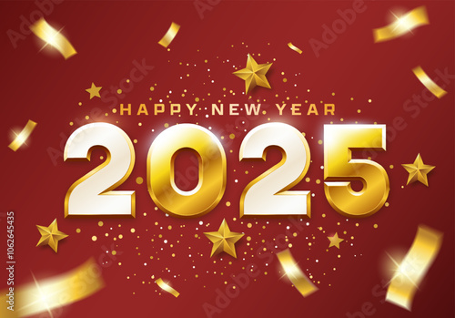 Happy new year 2025 illustration. Banner with golden 3d text on a red background with confetti ribbons falling and decorative stars. Greeting card, poster vector design
