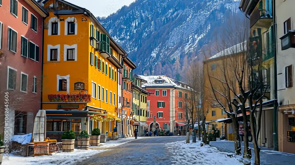 Picturesque Street in Snowy Mountain Village, buildings, winter, alps, mountains, european Picturesque Street in Snowy Mountain Village, buildings, winter, alps, mountains, european
