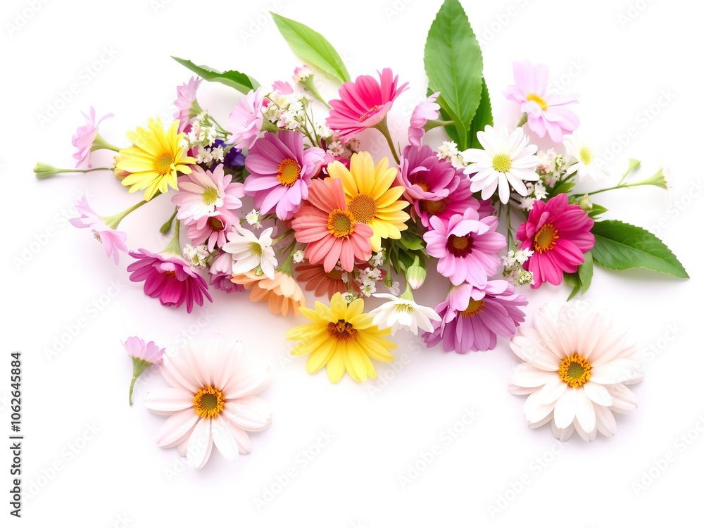An image of various colorful spring flowers arranged neatly on a clean white background, fresh, beauty