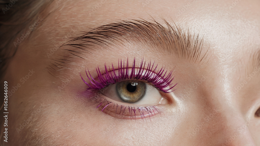 Obraz premium stylish minimalism, Neon Purple mascara: a close-up shot of an eye adorned with vibrant Neon Purple mascara on naturally long lashes