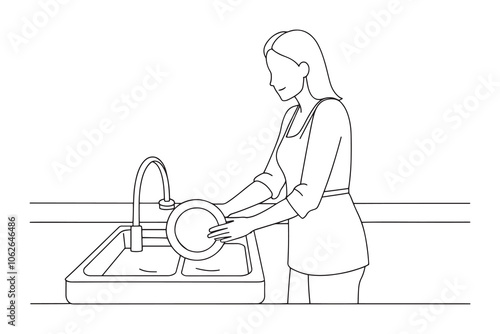 Woman diligently washes dishes in a bright, well-organized kitchen, showcasing her commitment to cleanliness isolated continuous line art flat vector illustration on white background..