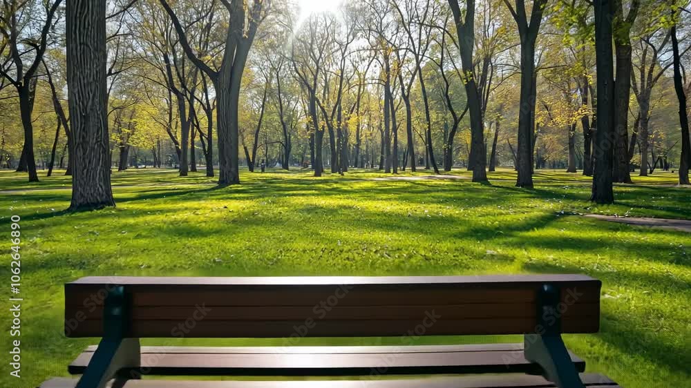 Bench in a park with trees and sunlight, green grass, wooden bench, summer, spring, nature Bench in a park with trees and sunlight, green grass, wooden bench, summer, spring, nature