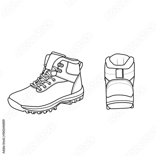 Women's waterproof winter shoes anti-slip warm ankle snow boots hiking outdoor vector icon line art. An editable vector design of winter shoes front, side, and back view. Footwear isolated on a white 