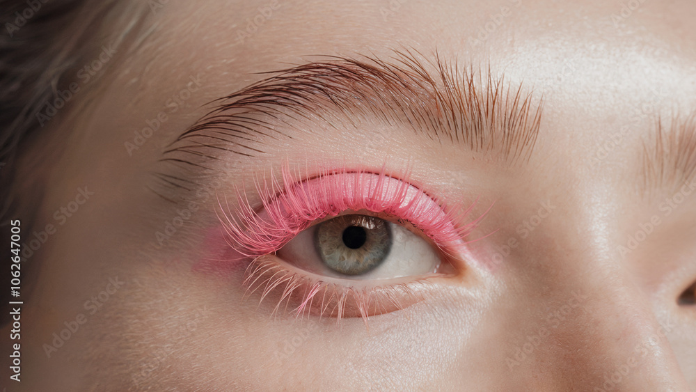 Obraz premium stylish minimalism, Soft Pink mascara: a close-up shot of an eye adorned with vibrant Soft Pink mascara on naturally long lashes