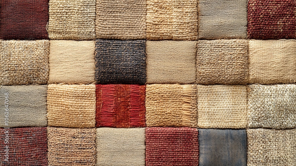 A patchwork-inspired carpet pattern, featuring a seamless blend of textured squares with woven details, in warm browns, beige, and hints of muted red, creating a rustic, handcrafted look, A patchwork-inspired carpet pattern, featuring a seamless blend of textured squares with woven details, in warm browns, beige, and hints of muted red, creating a rustic, handcrafted look,