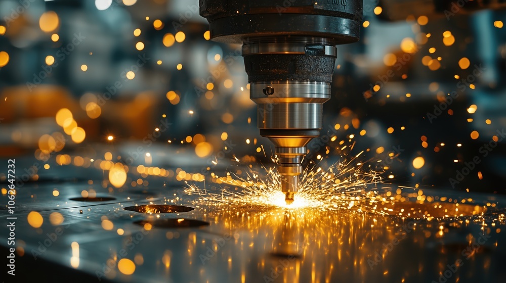 Precision CNC drilling sparks in metal workshop. CNC drilling machine emitting sparks while working on metal in a high-tech workshop, showcasing advanced industrial fabrication processes. Precision CNC drilling sparks in metal workshop. CNC drilling machine emitting sparks while working on metal in a high-tech workshop, showcasing advanced industrial fabrication processes.