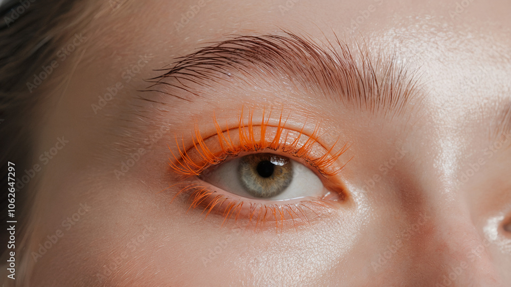 Obraz premium stylish minimalism, Tangerine mascara: a close-up shot of an eye adorned with vibrant Tangerine mascara on naturally long lashes
