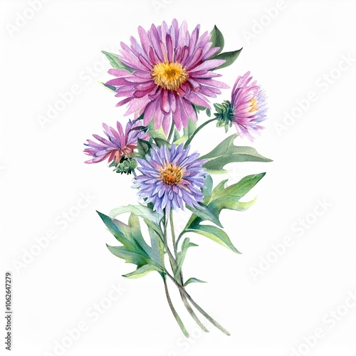 watercolor Aster flower branch, isolated on white