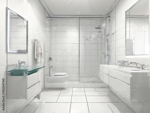 Wallpaper Mural Modern Bathroom with White Tiled Walls and Floor, Large Window, Sink, Mirror, Toilet, Showerhead, Glass Finish, and Contemporary Style. Torontodigital.ca