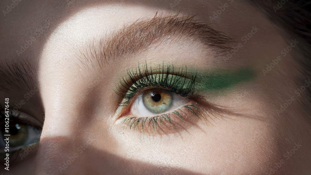 Obraz premium Vibrant Green Mascara, Natural Chic: A close-up shot of an eye accentuated with lush green mascara that adds a hint of vibrancy