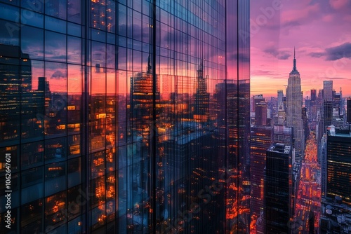 Modern skyscrapers reflect vibrant sunset colors in a bustling cityscape filled with people and cars