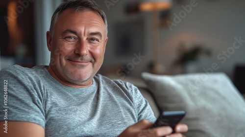 An older man with short hair and wearing a casual T-shirt sits on a couch, using a smartphone and smiling at the camera, creating a comfortable and relaxed atmosphere.