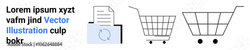 Paper document beside a download icon with two shopping cart illustrations. Ideal for e-commerce, digital documents, downloading services, online shopping platforms, retail websites, document