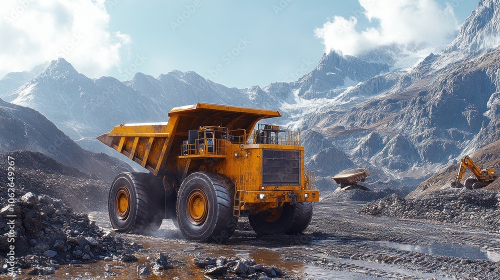 Large yellow dump truck operating in a mountainous mining area. Large yellow dump truck operating in a mountainous mining area.