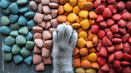 Cat paws on colorful pet food, symbolizing nutrition and care. Pet Food. photo