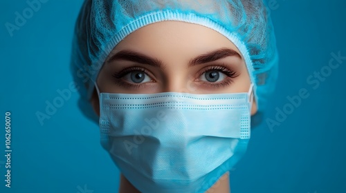 Young woman with blue eyes wearing a surgical mask and cap against a blue background.