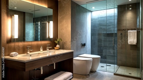 Modern Minimalist Bathroom Interior Design with Walk-In Shower and Double Sink Vanity, Large Mirror, Natural Light, Contemporary Style, Clean Lines, Spa-Like Atmosphere