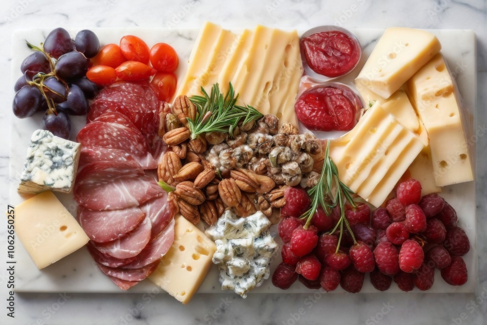 Delicious cheese platter with meats and fruits on a white rectangular dish, atop a marble countertop. Delicious cheese platter with meats and fruits on a white rectangular dish, atop a marble countertop.
