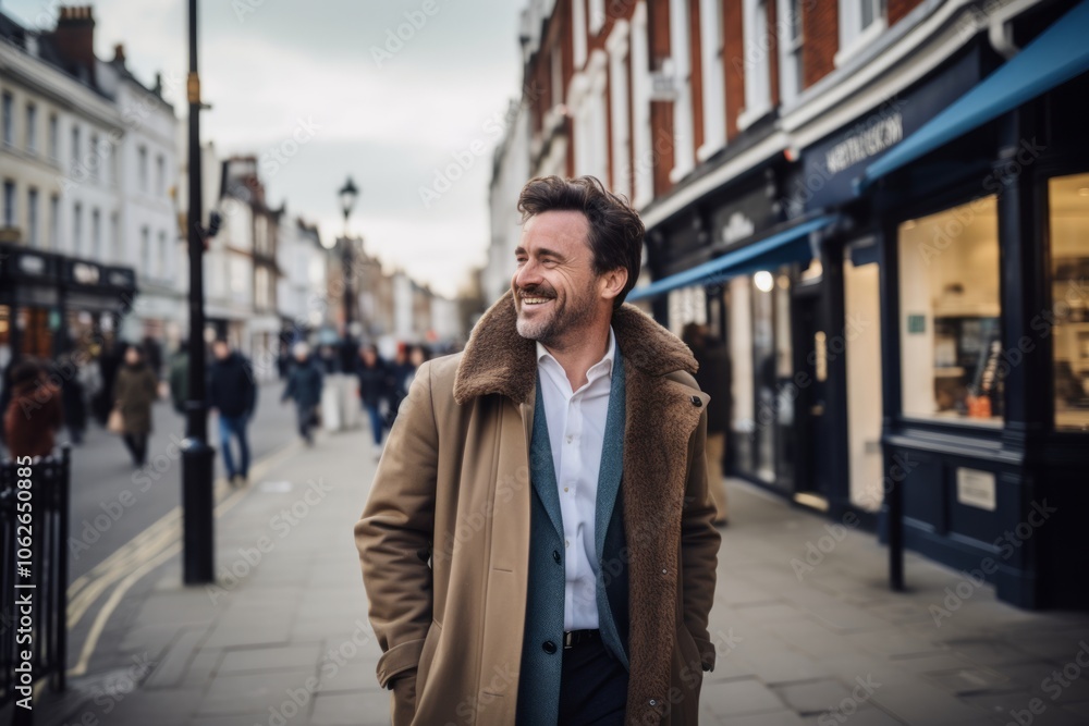 Handsome middle-aged man wearing a coat and smiling at the camera while walking in the city Handsome middle-aged man wearing a coat and smiling at the camera while walking in the city