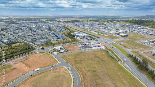 Canvas Print Drone aerial photograph of houses and infrastructure development in the fast growing suburb of Oran Park in the high density development region of western Sydney, NSW Australia