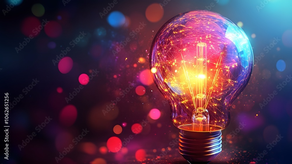 A vibrant light bulb with glowing filaments against a colorful bokeh background. A vibrant light bulb with glowing filaments against a colorful bokeh background.