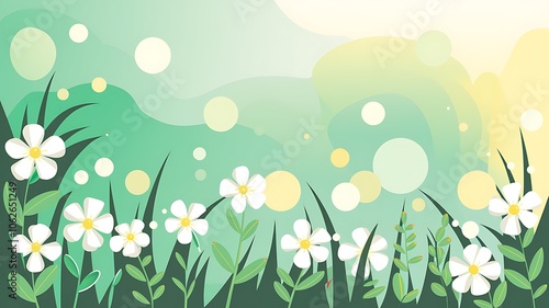 White Flowers Blooming in a Green Meadow with Abstract Background