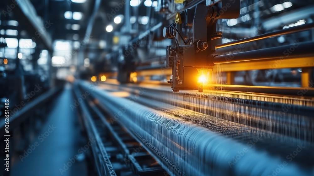 Close-Up of Weaving Machine in Textile Plant. Detailed view of a weaving machine in an industrial textile factory, with threads and machinery highlighted by focused lighting.