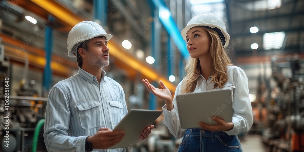 Engineers Discussing Operations in Industrial Plant. Two engineers in a factory discussing processes, wearing safety gear and holding digital tablets for reviewing operational plans. Engineers Discussing Operations in Industrial Plant. Two engineers in a factory discussing processes, wearing safety gear and holding digital tablets for reviewing operational plans.