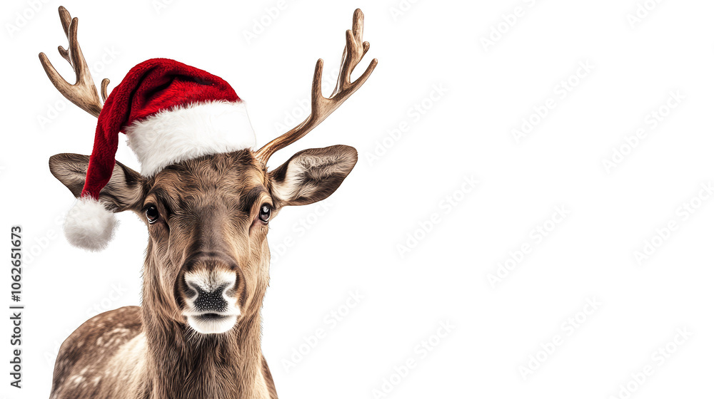 Christmas deer in santa hat, festive portrait on plaid background for holiday cheer Christmas deer in santa hat, festive portrait on plaid background for holiday cheer