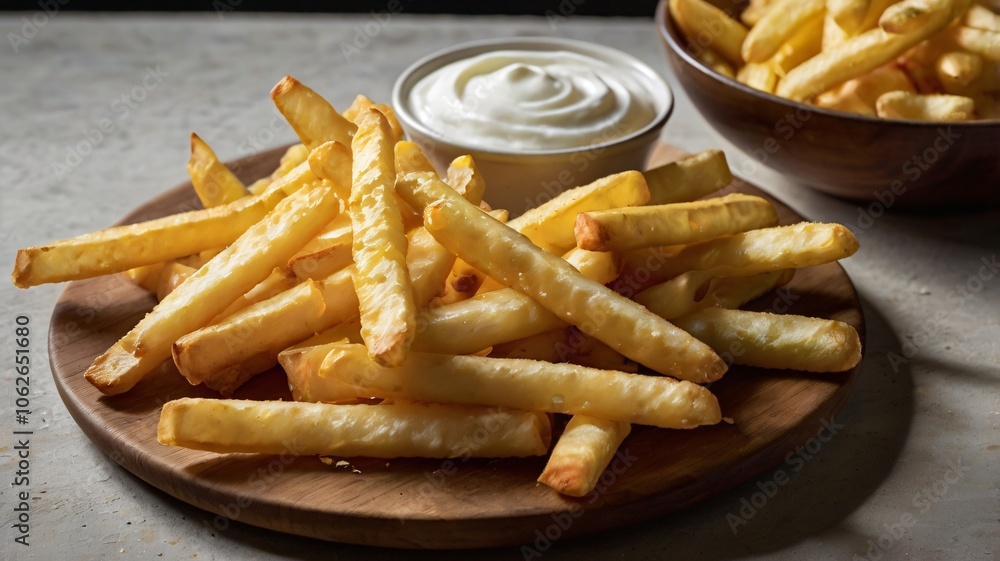 Crispy golden French fries served with a creamy dipping sauce on a wooden platter in a cozy restaurant setting Crispy golden French fries served with a creamy dipping sauce on a wooden platter in a cozy restaurant setting