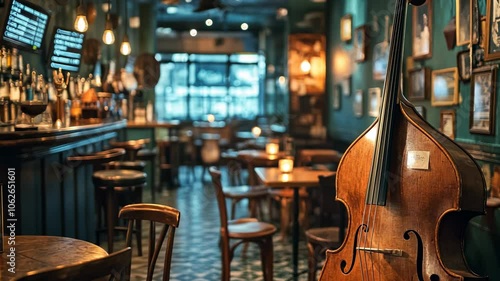 Double Bass in a Cozy Bar, upright bass, bass guitar, musical instrument, string instrument, pub