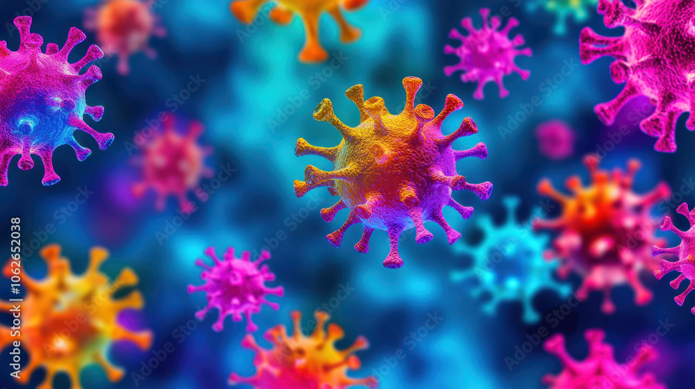 Vibrant digital illustration of colorful viruses in microscopic view Vibrant digital illustration of colorful viruses in microscopic view