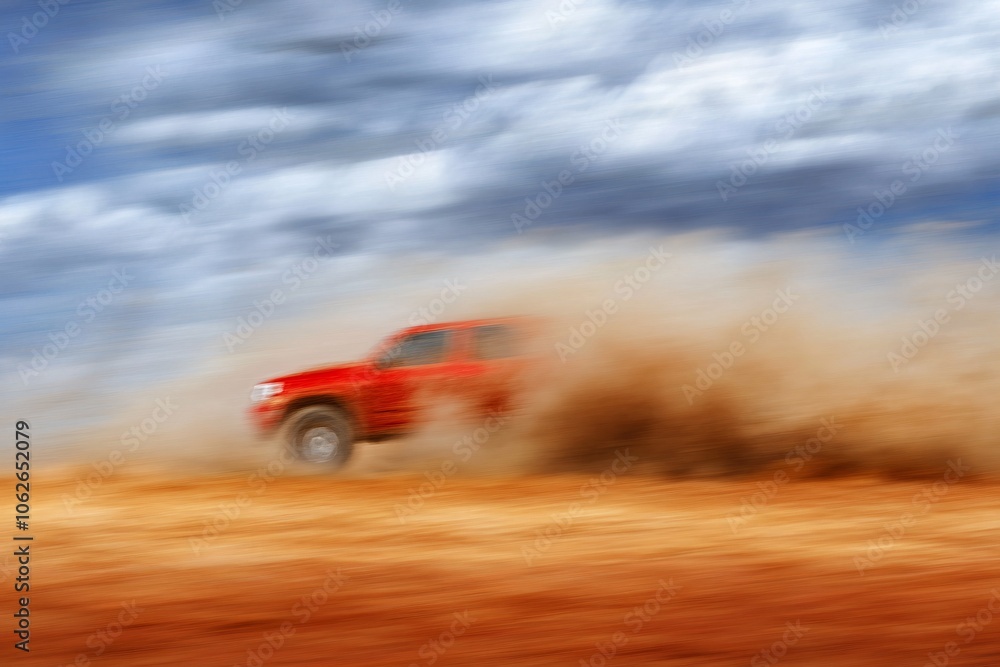 Action-packed SUV speeding through dusty terrain Action-packed SUV speeding through dusty terrain