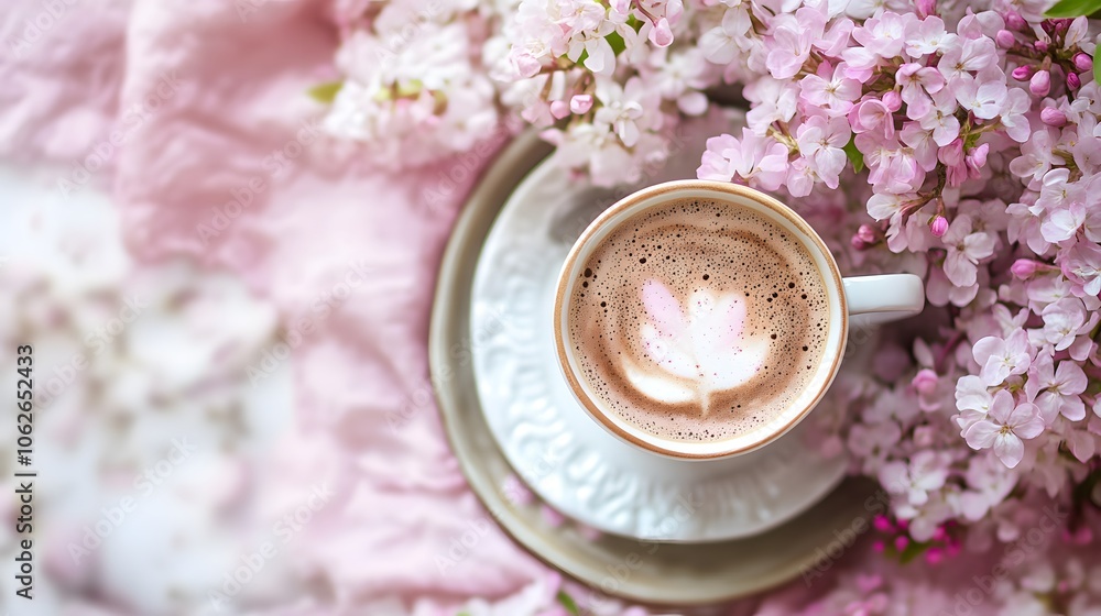 Coffee cup adorned with floral design, surrounded by blooming pink flowers. Coffee cup adorned with floral design, surrounded by blooming pink flowers.